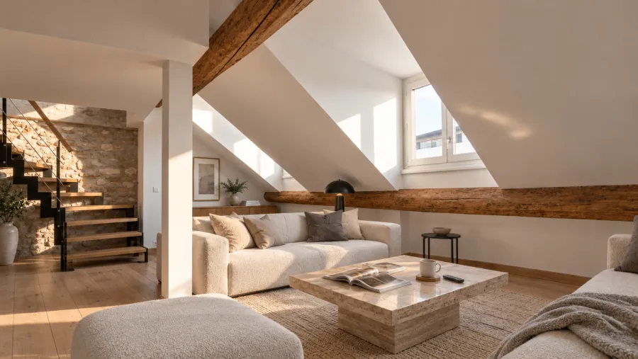 Séjour du duplex sous les toits, poutres apparentes, escalier et mur en pierre