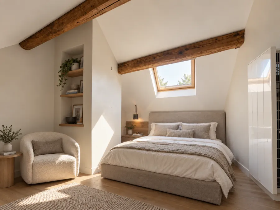 Chambre mansardée avec poutres et fenêtre de toit