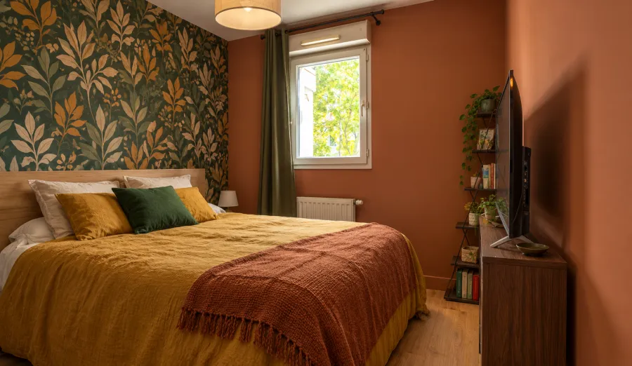 Chambre aux murs terracotta et papier peint végétal